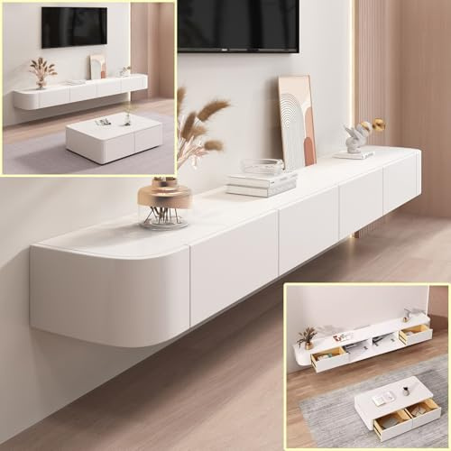 LXDXIOY Floating TV Stand Large Floating TV Shelves Wall Mounted Multi Storage Compartment TV Media Console Floating TV Cabinet Bench Under TV Large Storage TV Lowboard (White, 110.2 * 7.9 * 9.4 in)