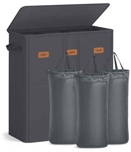 SONGMICS 3-Compartment Laundry Basket, 42.2-Gallon (160 L) Laundry Hamper with Lid, 5 Labels, Removable and Machine-Washable Liner Bags, for Bedroom, Dark Grey RLH013G01