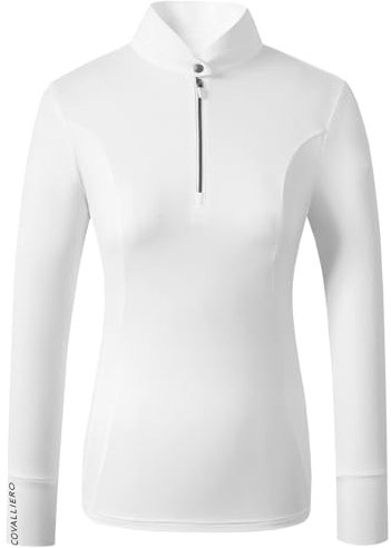 Covalliero - Damen Funktionsshirt Competition – Sport Longsleeve mit Stehkragen – Langarm Sportshirt – atmungsaktives & leichtes Reitshirt – Reitbekleidung in Weiß – Größe S