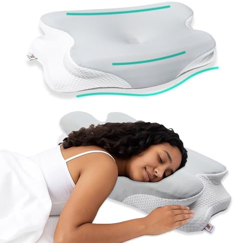 Almohada ortopédica gris para dormir de lado, espalda y estómago, almohada de contorno cervical para soporte de cuello con reposabrazos