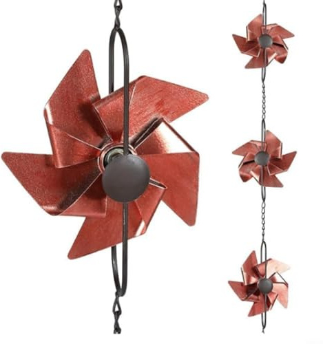 Chaîne de pluie décorative en métal de 2,6 m - Moulin à vent - Pour l'extérieur - Décoration de gouttière - Pour jardin, cour, avant-toit - Moulin à vent rouge