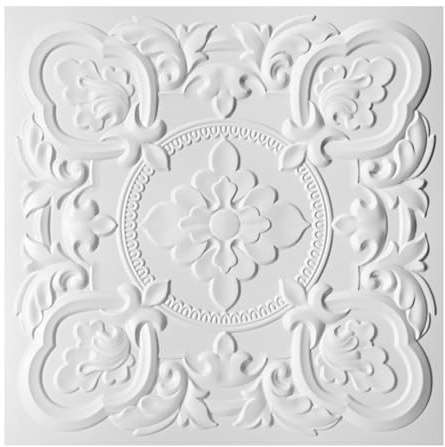 Art3dwallpanels Deckenfliesen, 61 x 61 cm, hochwertiges PVC, 3D-Wandpaneele, Vintage-Blumenmuster für Innenwanddekoration, feuerfest, wasserdicht, Weiß, 12 Stück