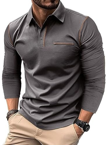 Volemo Mens Polo Shirts Casual Long Sleeve Tops Cotton Polo T-Shirts Golf Tops