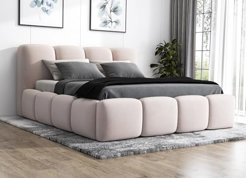 A&J MöbelLand Polsterbett 160x200 mit Bettkasten und Lattenrost – DONA-OM, Bett mit Stauraum in Beige ohne Matratze