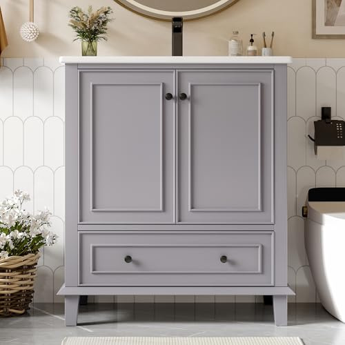 I0I&I0I Armadietto da bagno con lavabo 76 x 46 x 87 cm – Mobile sottolavabo autoportante – MDF & legno massello – impermeabile – bacino in ceramica con troppopieno – 2 ante, cassetto, spazio di