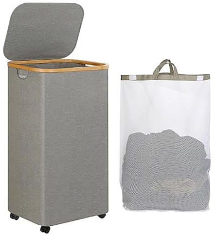 RETSAMV Bambus Wäschekorb 110L mit Rollen und Deckel, faltbare Wäschebox für Bad und Schlafzimmer (GRAY)