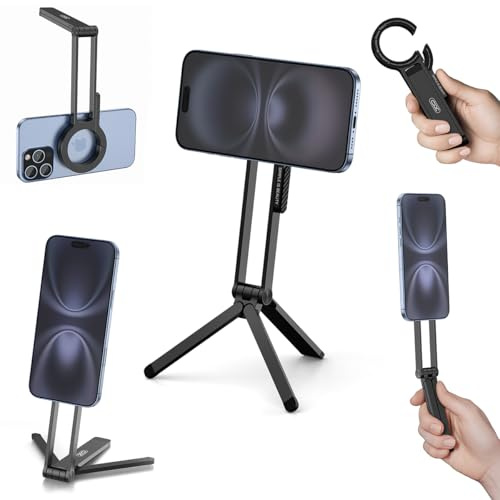 For Mag-Safe iPhone Tripod Mount Magnetic Aluminum Mini Phone Stand Double-Sided Foldable Selfie Stick for Desk iPhone 16 15 14 13 12, 12N Magnetic Tripod
