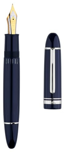 erofa Majohn P141 - Penna stilografica a stantuffo n. 8, pennino fine, in resina blu, con finestrella per inchiostro, penna regalo con scatola, finiture argentate