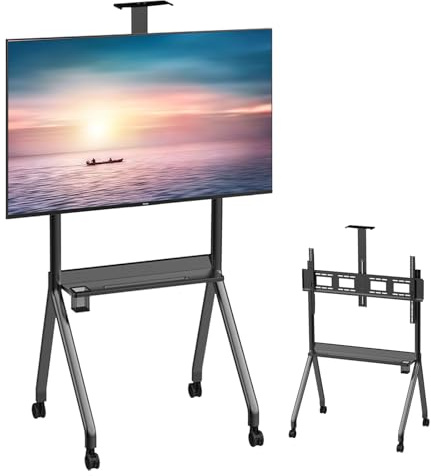 Carrito de TV móvil con ruedas para televisores LED LCD de 42 a 120 pulgadas, soporte rodante resistente de hasta 330 libras, altura ajustable para pantallas planas y curvas, soporte de suelo negro