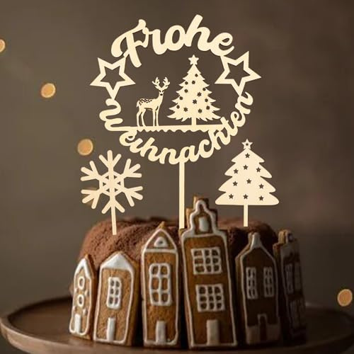 ENLACE Tortendeko Weihnachten Cake Topper Holz mit 2 Stück Weihnachtsbaum Cupcake Deko, Kuchen Deko Weihnachten, 4 mm Dicke, Merry Christmas Tortendeko, Weihnachtsdeko Torte Größe 15x22cm