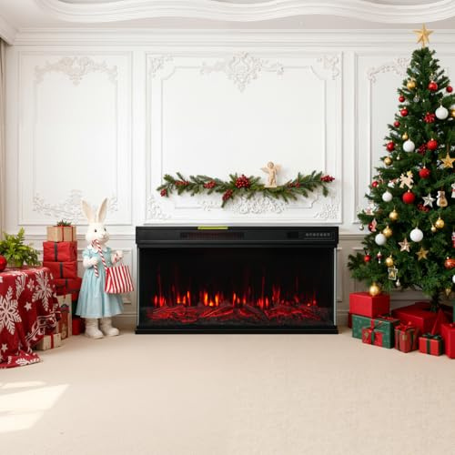 HOMAVO 36 Chimenea Eléctrica con Calefacción, 1000W/2000W Chimenea Decorativa, 12 Colores de Llama 3D, Instalación de Pared/Empotrado, Control Remoto, con Tira de Luces