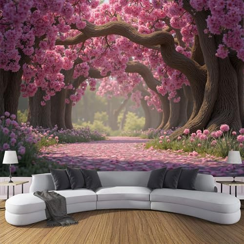 Tema fantasy su rosa, Carta da Parati Fotografica - 250 x 175 cm, Murale Premium da Parete Tunnel di alberi di ciliegio in fiore, Decorazione Moderna per Camera o Soggiorno