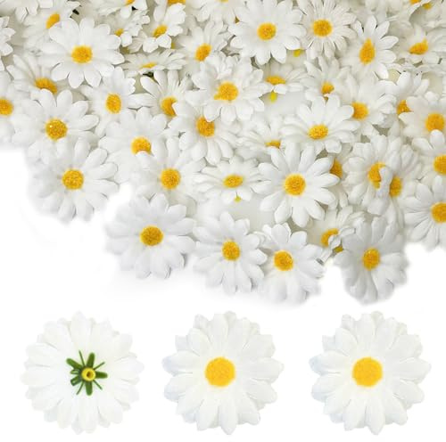 100Pcs Silk Artificial Gerber Daisy Flowers, Natural Dried Daisies DIY Craft Decoration, Table Scattered Confetti, Chrysanthemum Flowers Heads for Easter Party Wedding, Easter Decorations (White)