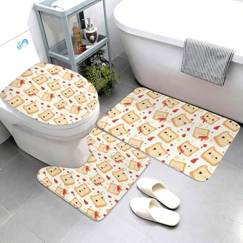Nevjipu Set di 3 tappeti da bagno con stampa di pane ketchup, assorbenti, antiscivolo, lavabili, a forma di U, morbidi tappetini da doccia per WC e vasca da bagno