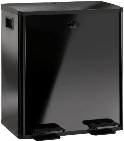 HOMCOM Mülleimer aus Edelstahl mit Softclose Deckel, 2 x 20L Schwarz | Abfalleimer, Mülltrennsystem, Herausnehmbare Inneneimer, Deodorant-Fächern, Treteimer für Wohnung