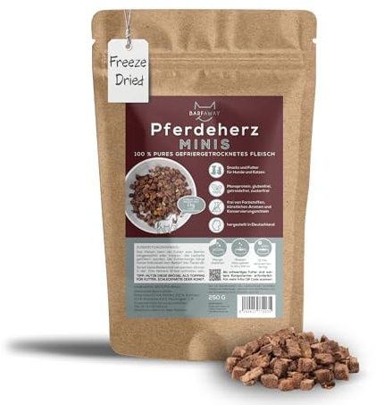 BARFAWAY Gefriergetrocknete Pferdeherz Minis, 100% Pures Fleisch, Hundeleckerli und Katzenleckerli, Getreidefrei, Zuckerfrei, Ohne Zusätze, 250g