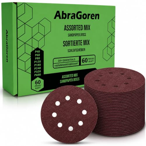 Pack of 60PCS 125mm Sanding Discs for Orbital Sander - Mixed Discs (P40, P60, P80, P120, P180, P240, P320, P600) - Hook and Loop with 8 Holes