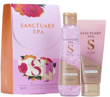 Sanctuary Spa Lily & Rose Bodycare Duo Gift Set for Women, Body Wash 150ml & Exfoliating Body Scrub 100ml, White Lily, Damask Rose & Palmarosa Fragrance, Vegan Bath & Body Collection
