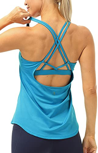 icyzone Damen Sport Yoga Tank Top mit Integriertem BH - 2 in 1 Sport Oberteile Fitness Gym Shirts (S, Blau)