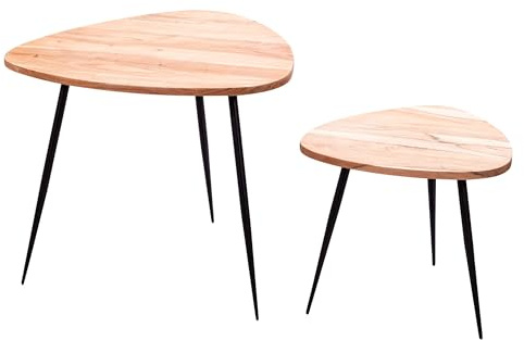 FineBuy Satztisch 2er Set Akazie Massivholz Metall, Couchtisch Klein | Beistelltische mit schwarzen Metallbeinen, Wohnzimmertische aus Echtholz, handgefertigt, Unikate