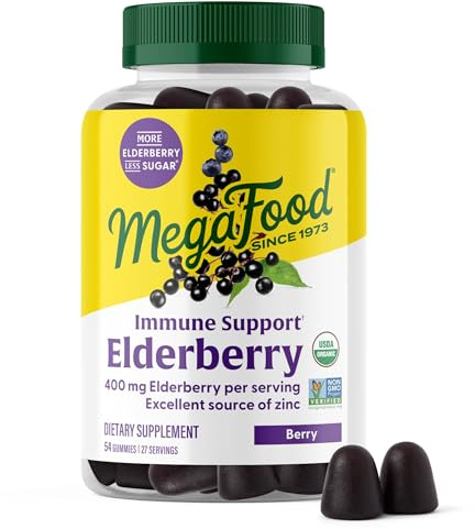 MegaFood Elderberry Gummies for Kids, Teens & Adults, Immune Support Supplement, Gummy Vitamins - Made with Zinc & Real Food, Pectin-Based, USDA Organic, Vegan - 54 Count, 27 Servings