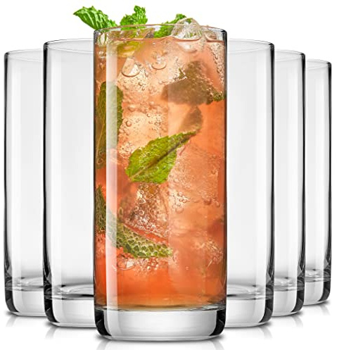 JoyJolt Faye 13oz Highball Glasses, 6pc Tall Glass Sets. Lead-Free Crystal Drinking Glasses. Water Glasses, Mojito Glass Cups, Tom Collins Bar Glassware, and Mixed Drink Cocktail Glass Set