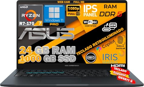 Portátil ASUS FHD IPS de 15,6 con Ryzen 7 R7-170 de 14.ª generación, 24 GB de DDR5, 1 TB de SSD NVMe, Wi-Fi 6E, RJ45, teclado QWERTY Ñ ESPAÑOL, retroiluminado, lector de huellas dactilares,Windows 11