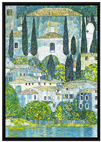 Pixxprint Gustav Klimt - Kirche in Cassone Landschaft mit Zypressen Leinwandbild 100x70 cm im Bilderahmen, Wandbild, Schattenfugenrahmen, Kein Poster