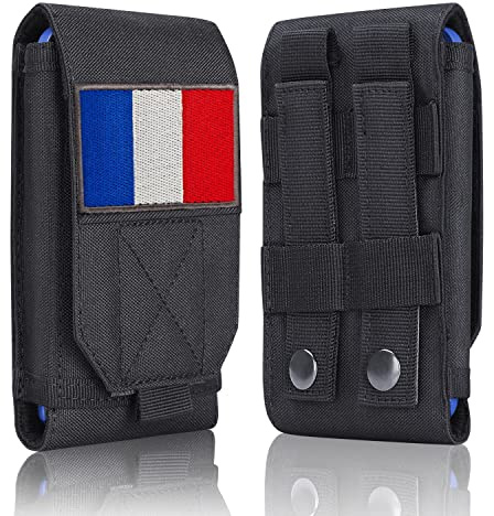 Aprocase Étui tactique Molle étanche pour téléphone portable - iPhone 11 12 13 Pro Max Samsung S22 S21 S20 FE Note 20 A02S Moins de 17 cm Avec 1 patch drapeau la France, Noir et 2 patchs noir/rouge