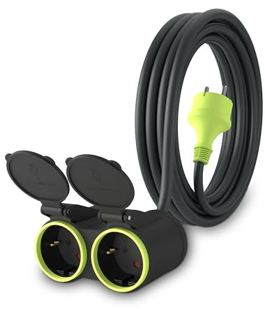 MutecPower 3m Verlängerungskabel mit 2 schuko steckdosen für den aussenbereich IP44 H05RR-F3G 1,5mm² doppel-verlängerung mit 2 schutzkontakt buchsen 2-Fach Outdoor verteiler 3 Meter schwarz/grün