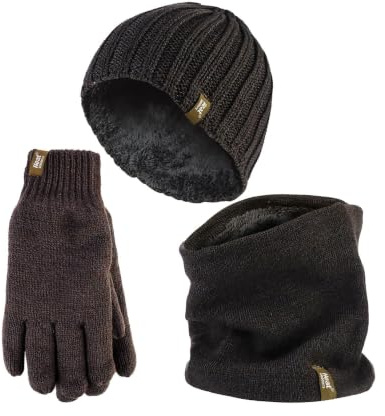 Heat Holders Herren Halswärmer Mütze Handschuhe Set Winddicht Warm Gestrickt Fleece Thermo Winter Set