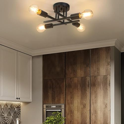 Licperron Vintage Semi Flush Mount 4 Light Ceiling Light with E27 Base Modern Black Chandelier for Farmhouse Kitchen Bedroom