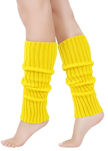 Junely Beinwärmer für Damen, 80er Jahre, Zopfstrick, Beinwärmer für Ballett, Tanz, Eiskunstlauf, Yoga, Party, Junior, Neonfarben, lange Socken, E-Gelb, Einheitsgröße