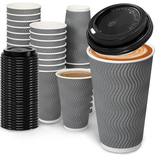 BYSNOW Tazas de café de 16 onzas con tapa, paquete de 100 vasos de papel ondulados aislados, tazas de café desechables para agua, jugo, café (gris, 16 onzas)