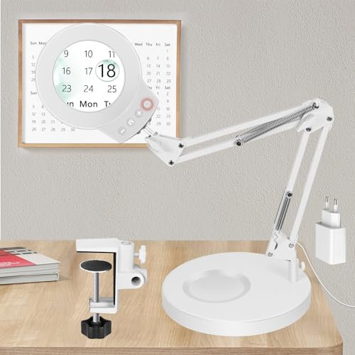 NOEVSBIG Lupa 2 en 1 con luz y soporte, lupa 10 x y 5 x, lámpara de escritorio con gran base y abrazadera, 3 modos de color, regulable, lámpara de lupa LED para hobby, lámpara con lupa con soporte