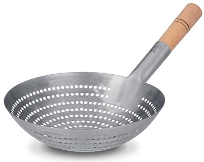 Craft Wok Cesta redonda grande de acero inoxidable de 11 pulgadas con mango de madera, colador profesional para freír y freír/732W142