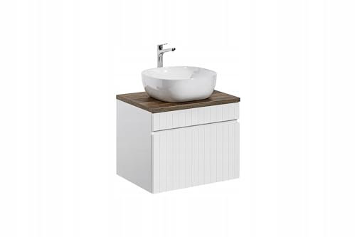 Muebles Slavic Mobile da bagno sospeso per lavabo con cassetto bianco opaco/piano in rovere, 60 cm, mobile da bagno moderno