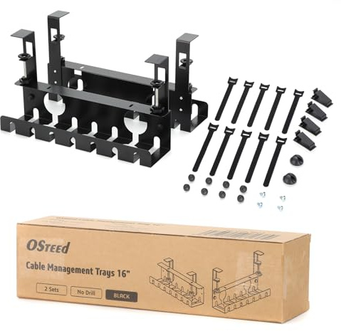 Under Desk Cable Management Tray 2 Pack with Clamps, OSteed Cable Management No Drill Black, Wire Organiser Box for Home & Office Desk Tidy