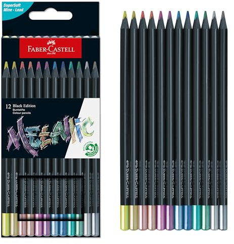 Faber-Castell Black Edition Metallic-Buntstifte: 12 Stück, schwarzes Holz und superweiche Mine, Buntstifte, Buntstifte für Kinder, Anfänger und Künstler
