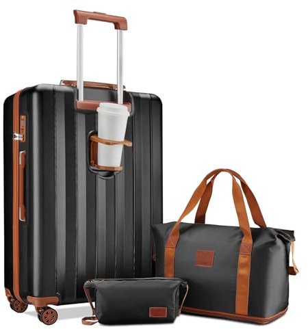Joyway Koffer Groß Kofferset, Hartschalen Reisekoffer mit Getränkehalter, 4 Rollen TSA-Schloss Der Koffer Enthält 1 Reisetasche und 1 Kulturbeutel, Schwarz Braun