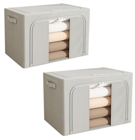 Resszo Clothes Storage Boxes with lids & zips,2Pcs Foldable Oxford Cloth Steel Frame Stackable Waterproof Storage Box Bag,Clear Window & Carry Handles,for Wardrobe Organiser,Bedding,Blankets,Duvets