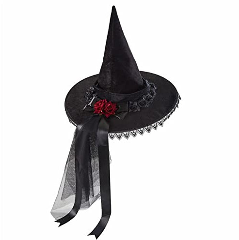 Illkjasfc Halloween Hexenparty Hexenhut für Frauen Hexenhut mit Band Hexen Halloween Cosplay Zauberer Hut Spitzer Hexenhut