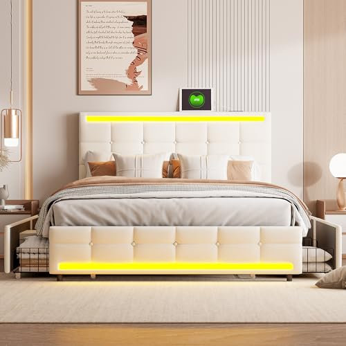 ADFUNIT Polsterbett Doppelbett 140x200 cm mit LED-Kopfteil und 2 USB-Buchse, Jugendbett mit Lattenrost und 4 Schubladen Stauraum, Stauraumbett, Funktionsbett, Ohne Matratze, Leinen Beige
