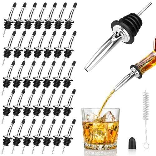 36-Pack Stainless Steel Pour Spouts for Liquor Bottles, Oil, Vinegar, and Wine – Liquor Bottle Pourers with Rubber Dust Caps – Bar Pourers for Bartending