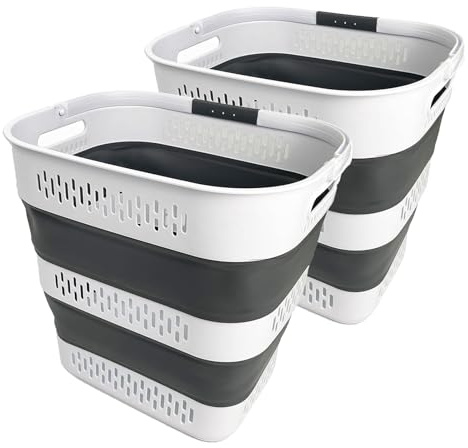 SAMMART 40L (10.5 Gallon) Collapsible Plastic Laundry Basket with Handles - Foldable Pop Up Storage Container/Organizer - Portable Laundry Hamper - Space Saving (2, White/Steel Grey)