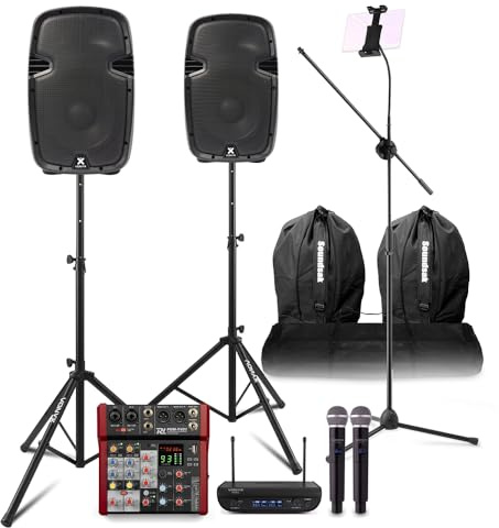 VONYX SPJ-1000ABT Professional Karaoke System with PDM-Y401 4-Channel Mixer, 10 Active Speakers, Bluetooth, Wireless Mics, UHF Receiver, Stands, Pro Pub Karaoke Machine Set