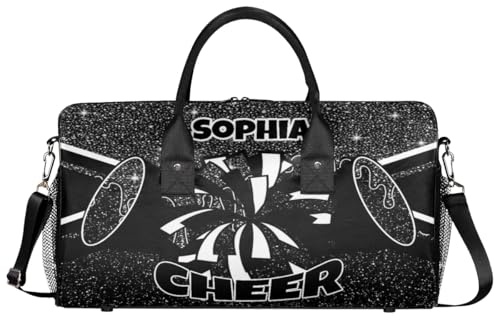 Mintoprints Personalisierte Cheerleader-Tasche für Cheerleader, Sporttasche, Reisetasche, Reisetasche, Wochenendtasche, Schwarze Glitzer-Tropfen, 17.4x8.3x9.5, Cheerleading