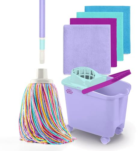 Happy Rainbow - Fregona con Palo Plegable, Cubo con Ruedas y 4 Bayetas de Microfibra Reciclada Set de Limpieza Sostenible para Hogar Suelos y Todo Tipo de Superficies