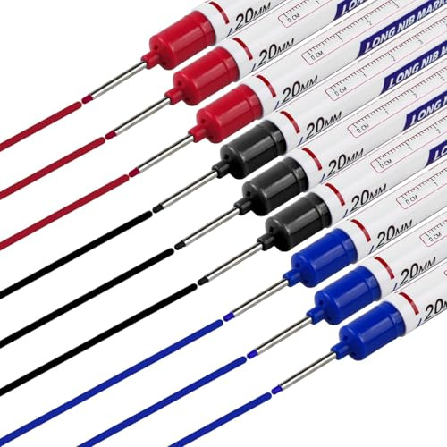 9 Pezzi Pennarelli per Fori Profondi, Indelebile a Punta Fine da 20 mm, Penna Falegname per Legno, Metallo, Plastica e Cartone (Nero, Blu, Rosso, Bianco）