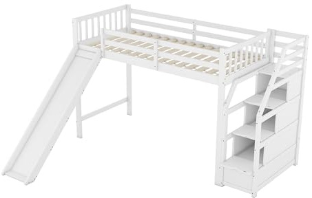 Azkoeesy Cama Alta 90x200 cm con tobogán, Escalera con almacenaje Integrado, Robusta Madera de Pino, Blanco, para Adolescentes